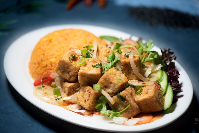 Dish 68: Salt & Pepper Spicy Tofu with Salad & Tomato Rice