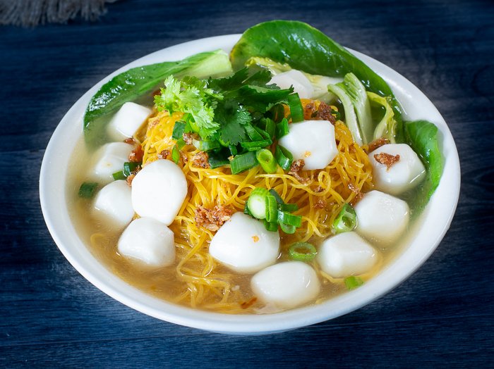 Dish 144: Egg or Rice Noodle Soup with Fish Balls & Bok Choy