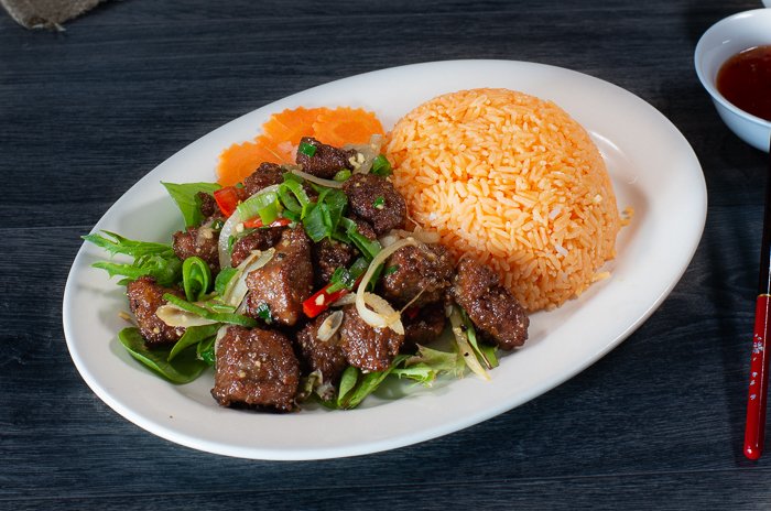 Dish 50: Stir-Fried Diced Beef with Salad & Tomato Rice