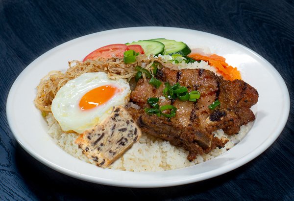 Dish 30: Broken Rice with Pork Chop, Fried Egg, Shredded Pork & Egg Cake