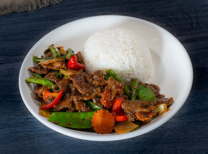 Dish 56: Stir-Fried Black Bean Beef/Chicken with Vegetables & Rice