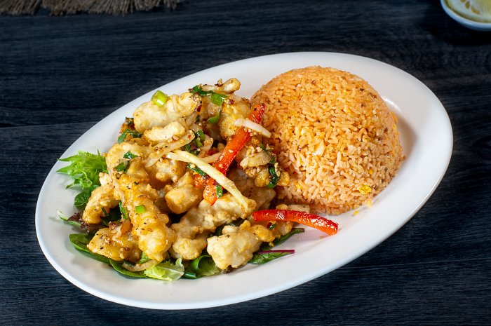 Dish 62: Salt & Pepper Spicy Deep-Fried Squid with Salad & Tomato Rice