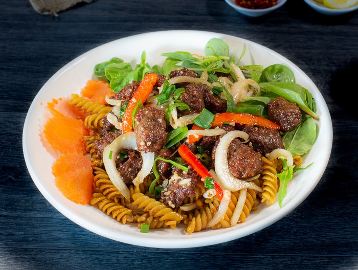 Dish 69: Macaroni Stir-Fry with Diced Beef, Capsicum & Onion
