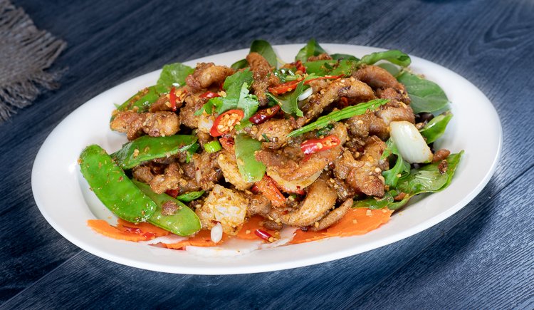 Dish 203: Beef, Chicken or Pork Stir-Fried with Lemongrass & Chili, Served with Salad