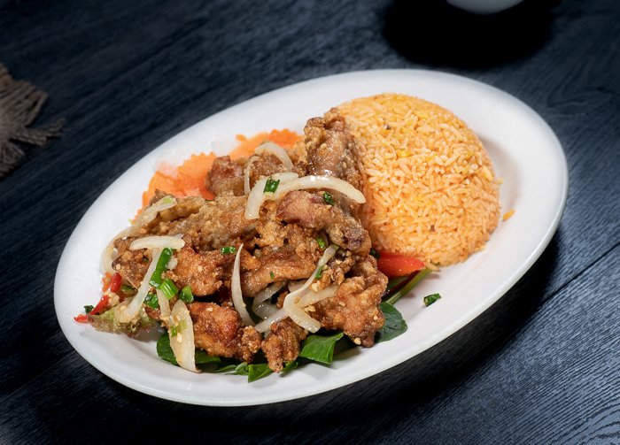 Dish 41: Salt & Pepper Spicy Chicken Spare Ribs with Salad & Tomato Rice