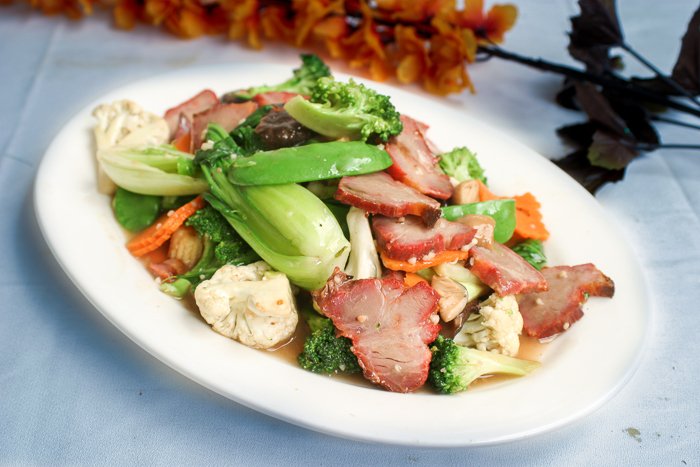 Dish 219: BBQ Pork Stir-Fried with Mushrooms, Snow Peas & Vegetables
